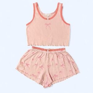 Pink Bow Lace 100% Cotton Pajama Set Shorts Tank Top XS Coquette Girly Cozy